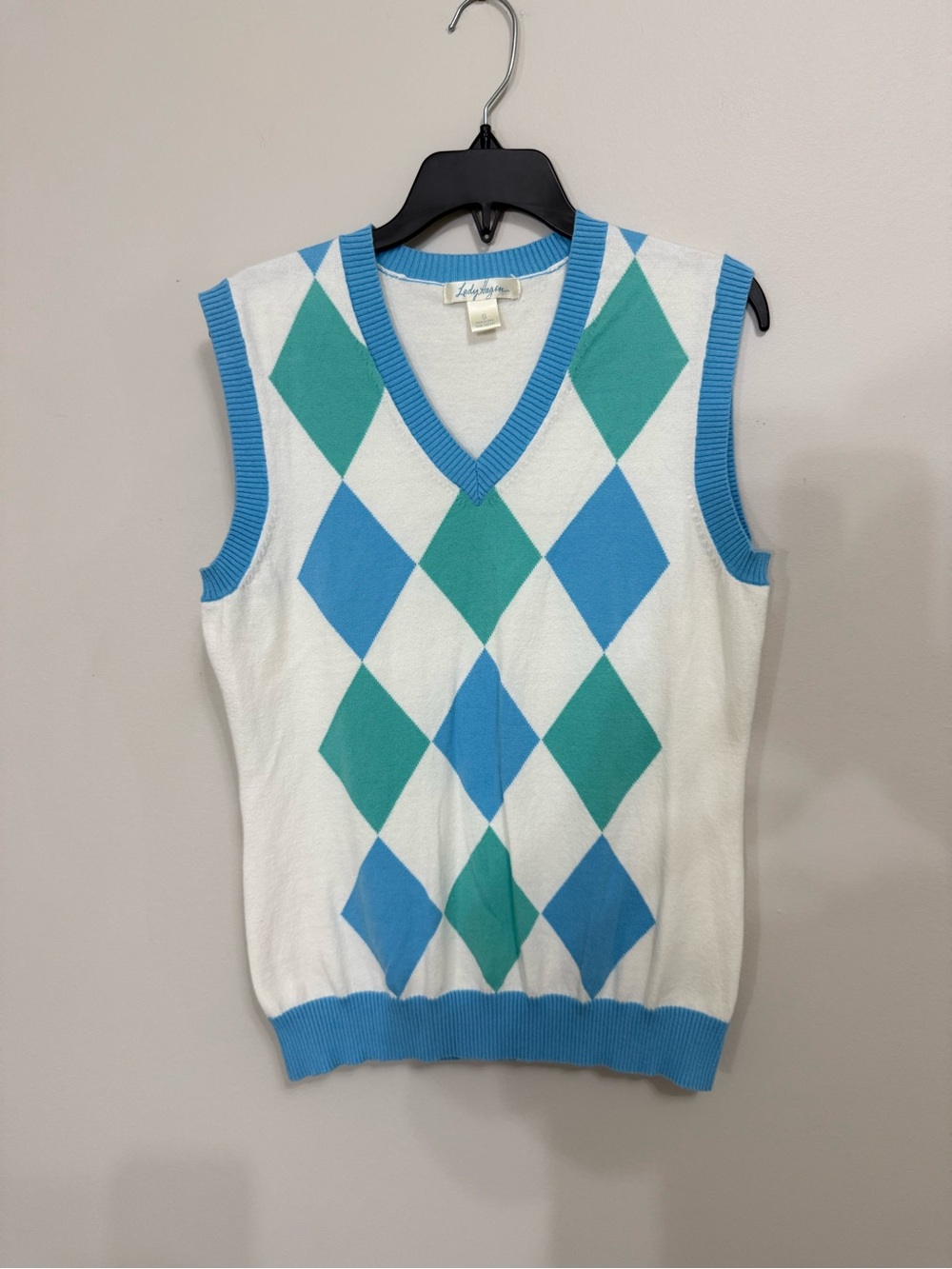 Lady Hagen White Argyle V-Neck Sweater Vest with Blue & Teal Accents